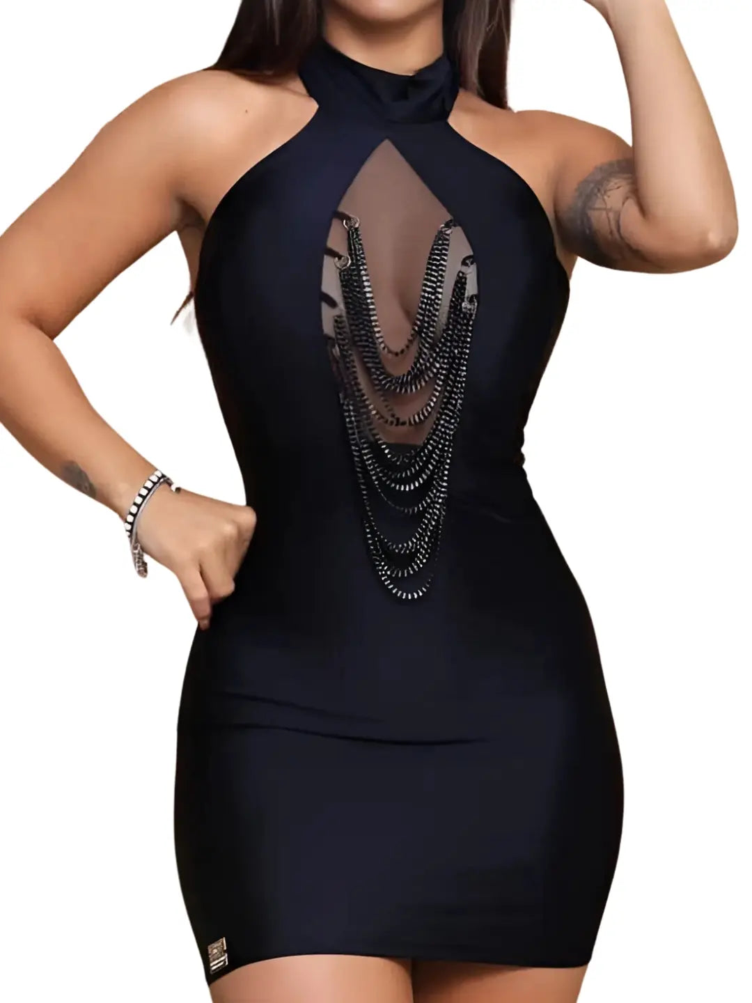 Vestido Feminino Curto Preto VELLARIS Gola Alta com Correntes - Balada & Festa