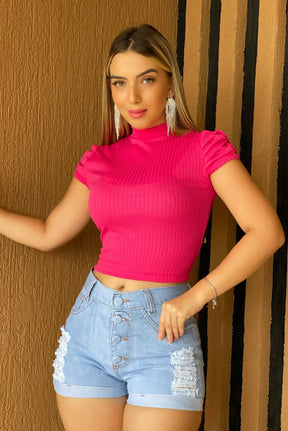 Blusa Feminina Canelada Casual com Gola Assimétrica