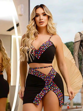 Conjunto Feminino Preto ECLIPSA Bordado com Pedrarias Coloridas - Luxo&Brilho para Festas